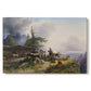 Canvas art print portraying a farmhouse with livestock set within mountainous alpine landscape, set against a white background