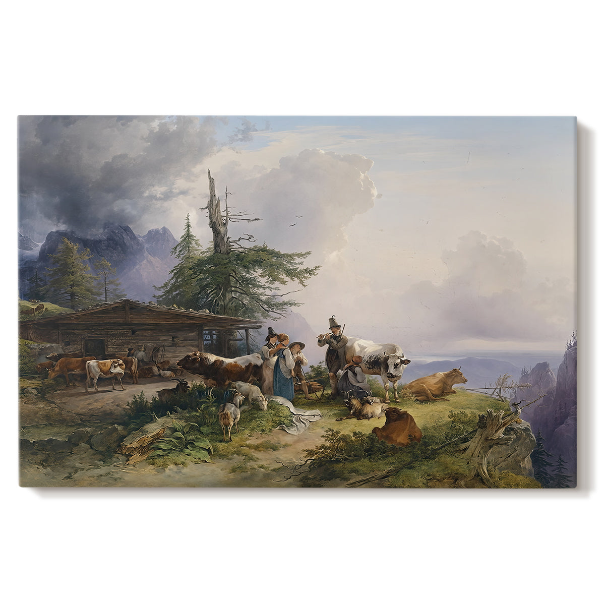 Canvas art print portraying a farmhouse with livestock set within mountainous alpine landscape, set against a white background