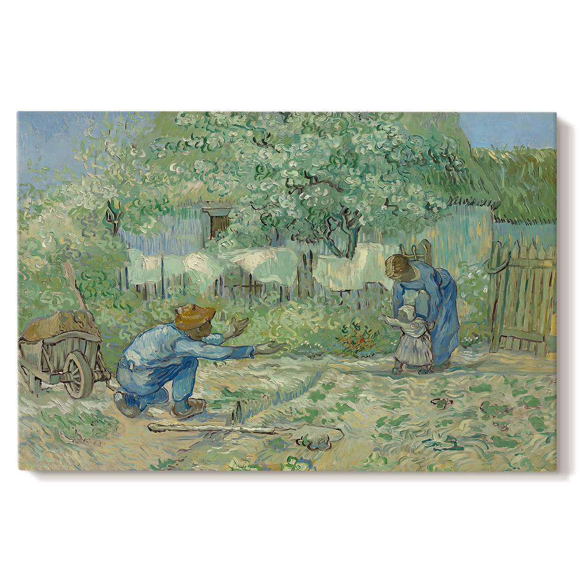 Canvas art print portraying a rural family scene with child taking first steps between adults outdoors, set against a white background