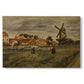 Canvas art print portraying a rural village scene with people working among buildings and open yard, set against a white background