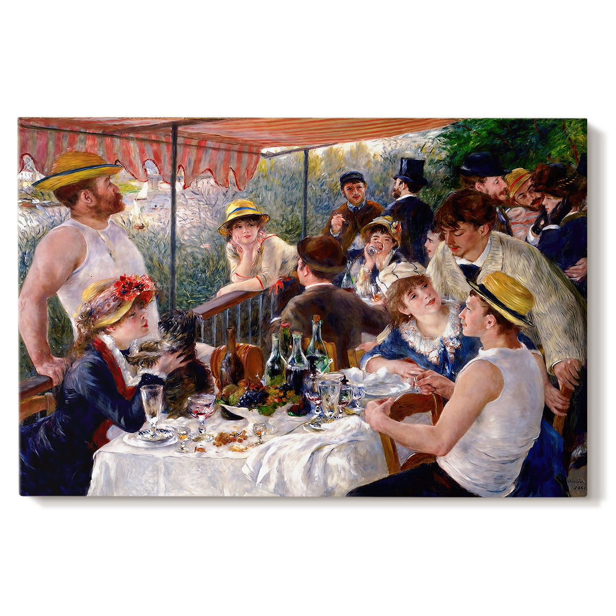 Canvas art print portraying a group of elegantly dressed people dining together on a sunlit balcony overlooking the river, set against a white background