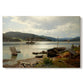 Canvas art print portraying figures and boats gathered along shoreline in calm coastal setting, set against a white background
