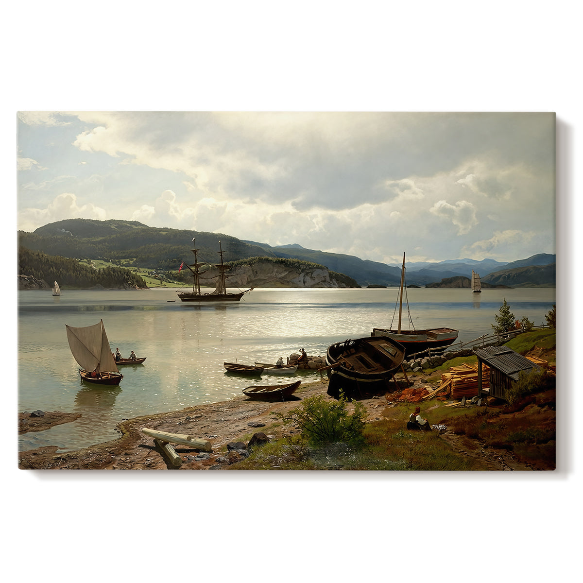 Canvas art print portraying figures and boats gathered along shoreline in calm coastal setting, set against a white background