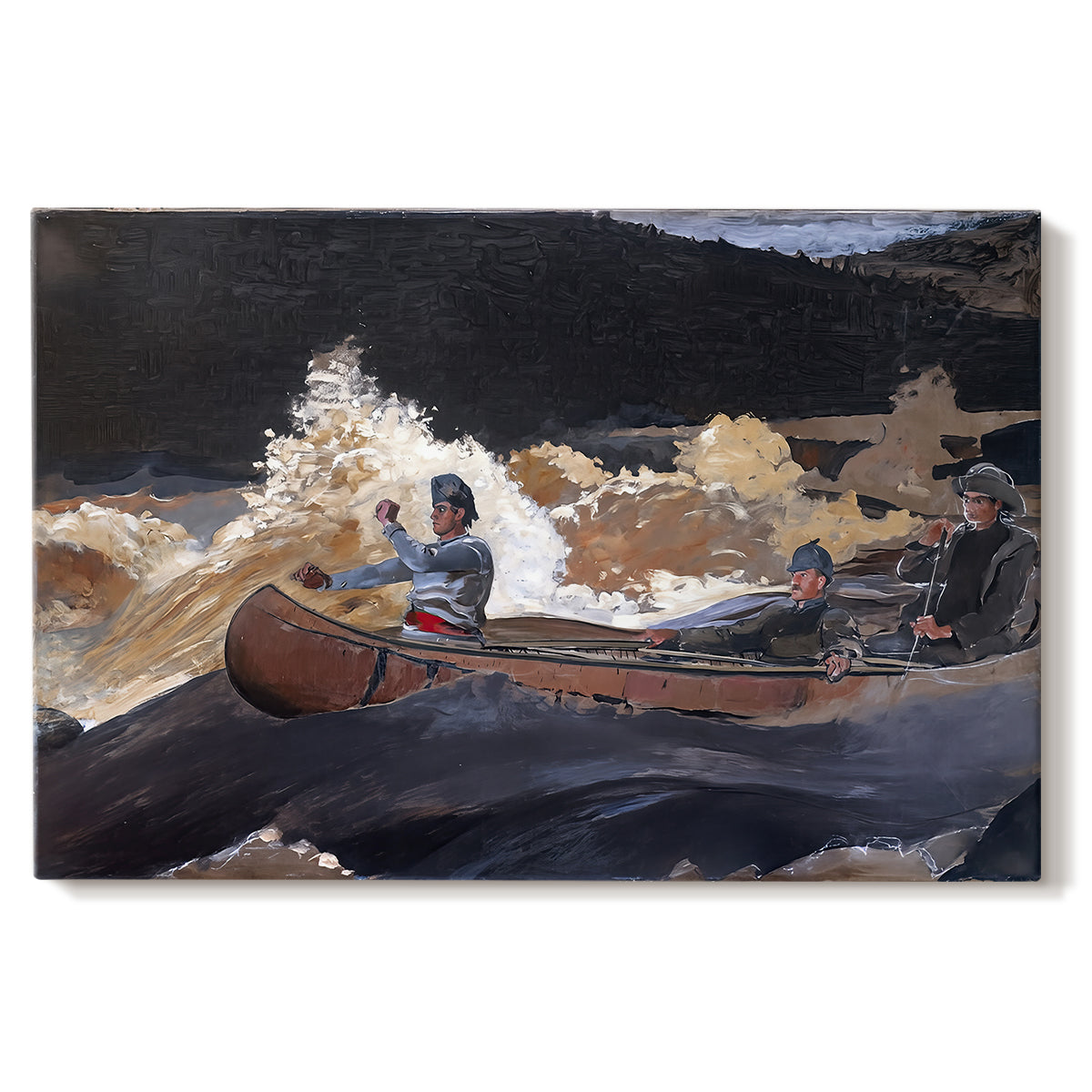 Canvas art print portraying a boat navigating fast-moving river rapids with figures aboard, set against a white background