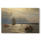 Canvas art print portraying a calm water inlet with boats and distant shoreline under soft light, set against a white background