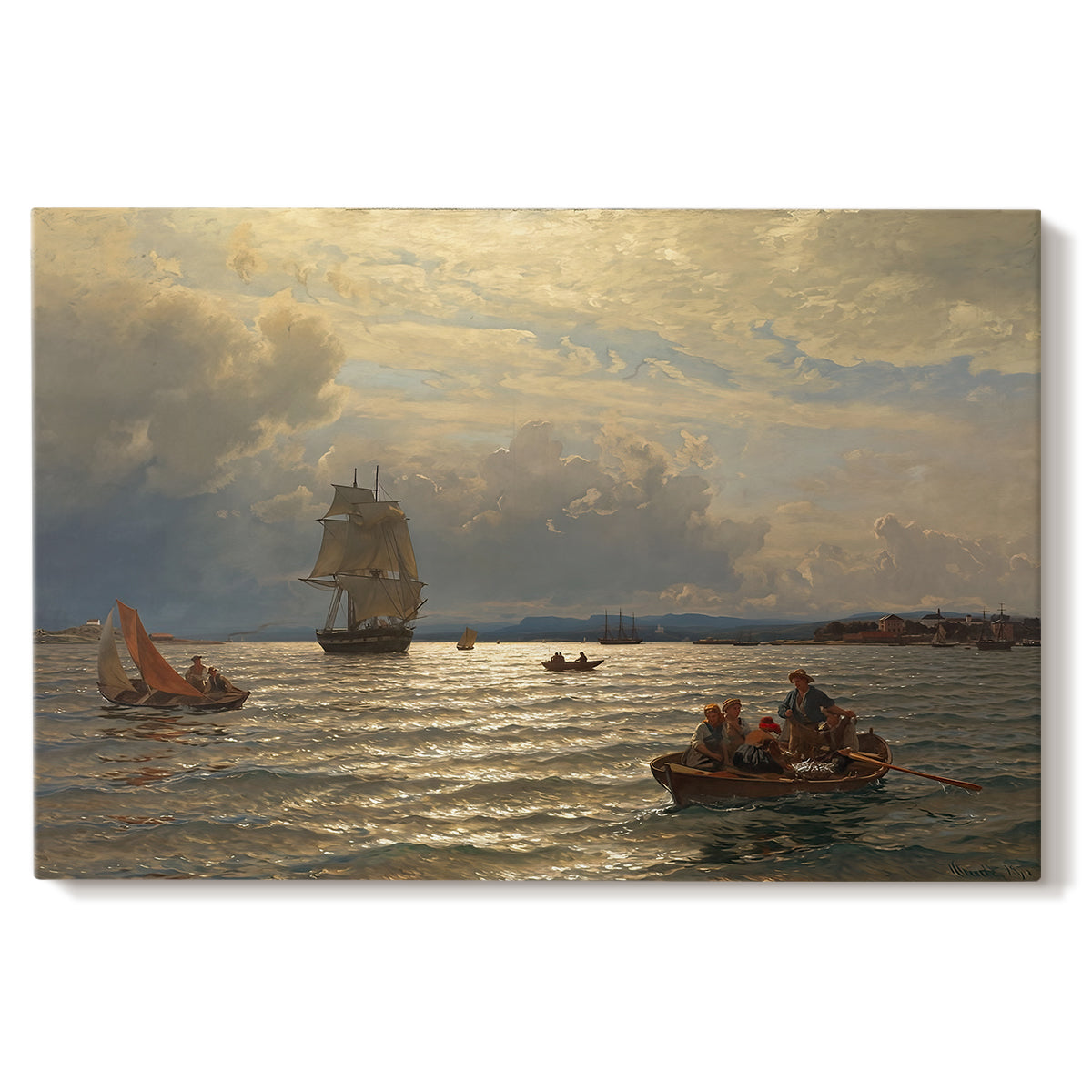 Canvas art print portraying a calm water inlet with boats and distant shoreline under soft light, set against a white background