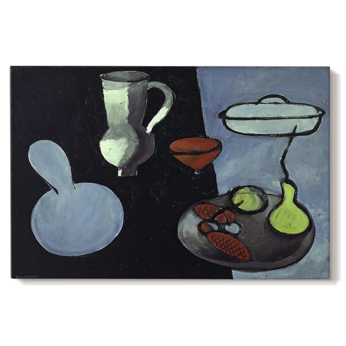 Canvas art print portraying a minimal still life with gourds and vessels on a dark surface, set against a white background