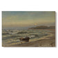 Canvas art print portraying a stormy coastal scene with waves crashing under dark dramatic sky, set against a white background