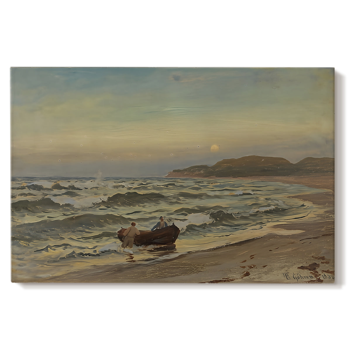 Canvas art print portraying a stormy coastal scene with waves crashing under dark dramatic sky, set against a white background