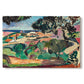 Canvas art print portraying a vivid landscape with hills, trees, and buildings near the coast, set against a white background