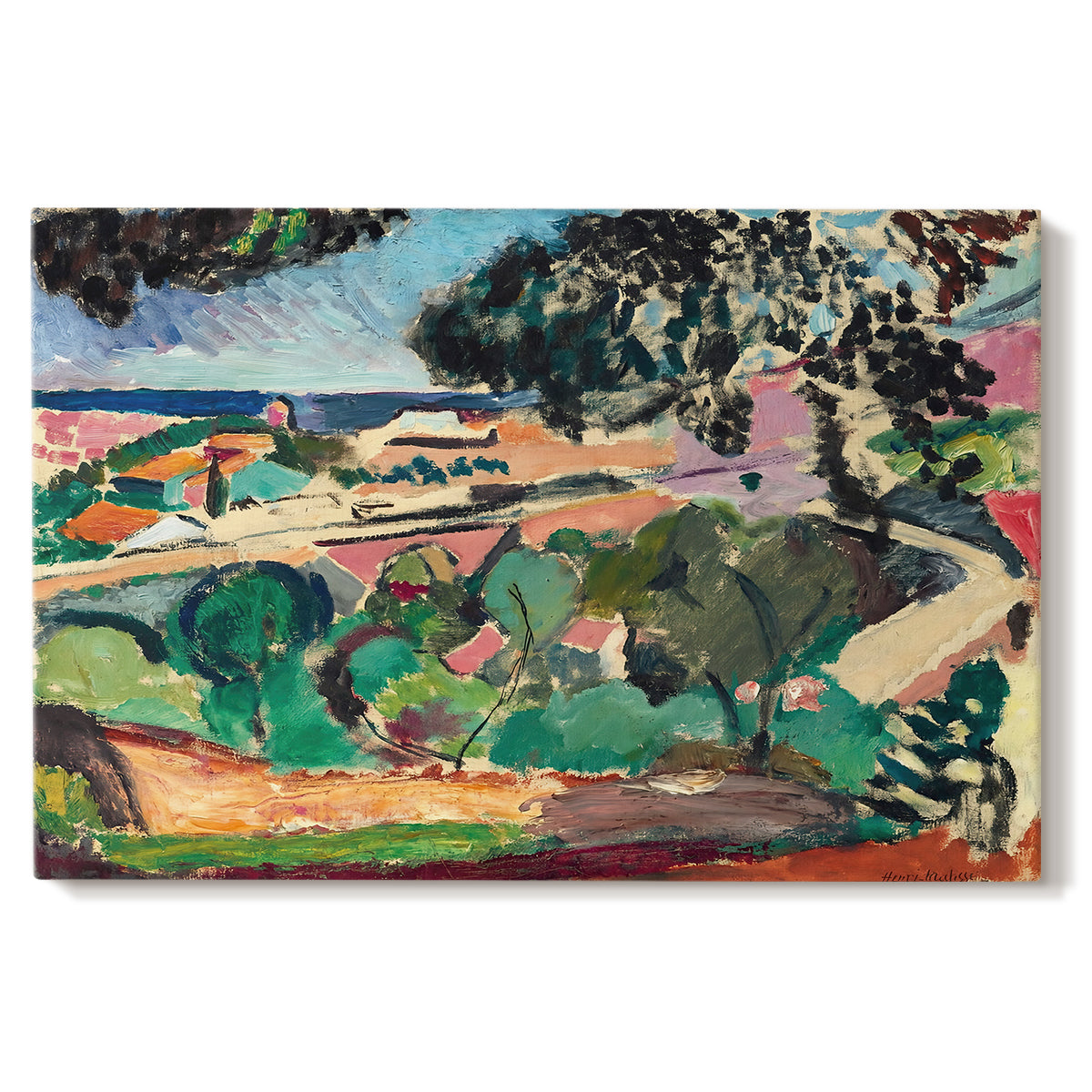 Canvas art print portraying a vivid landscape with hills, trees, and buildings near the coast, set against a white background