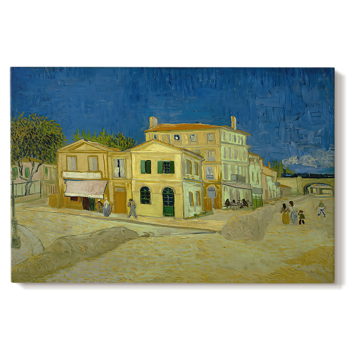 Canvas art print portraying a street view with bright yellow house and neighboring buildings under blue sky, set against a white background