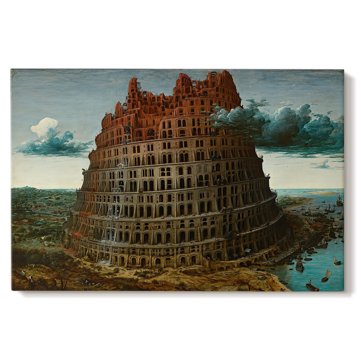 Canvas art print portraying a massive tower under construction rising above landscape, set against a white background