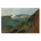 Canvas art print portraying dramatic mountain peaks in expansive landscape, set against a white background