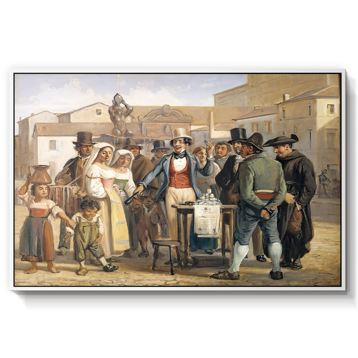 A Charlatan Selling Blacking in the Piazza Barberini in Rome, c. 1840-1849 - Floater Framed Canvas Print