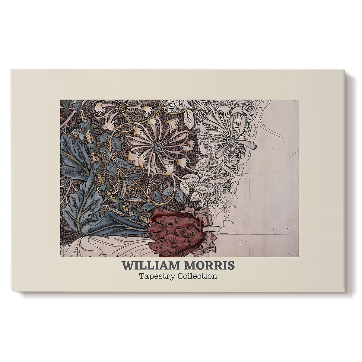 Canvas art print portraying a repeating pattern of intertwining vines, leaves, and flowers arranged in dense textile design, set against a white background