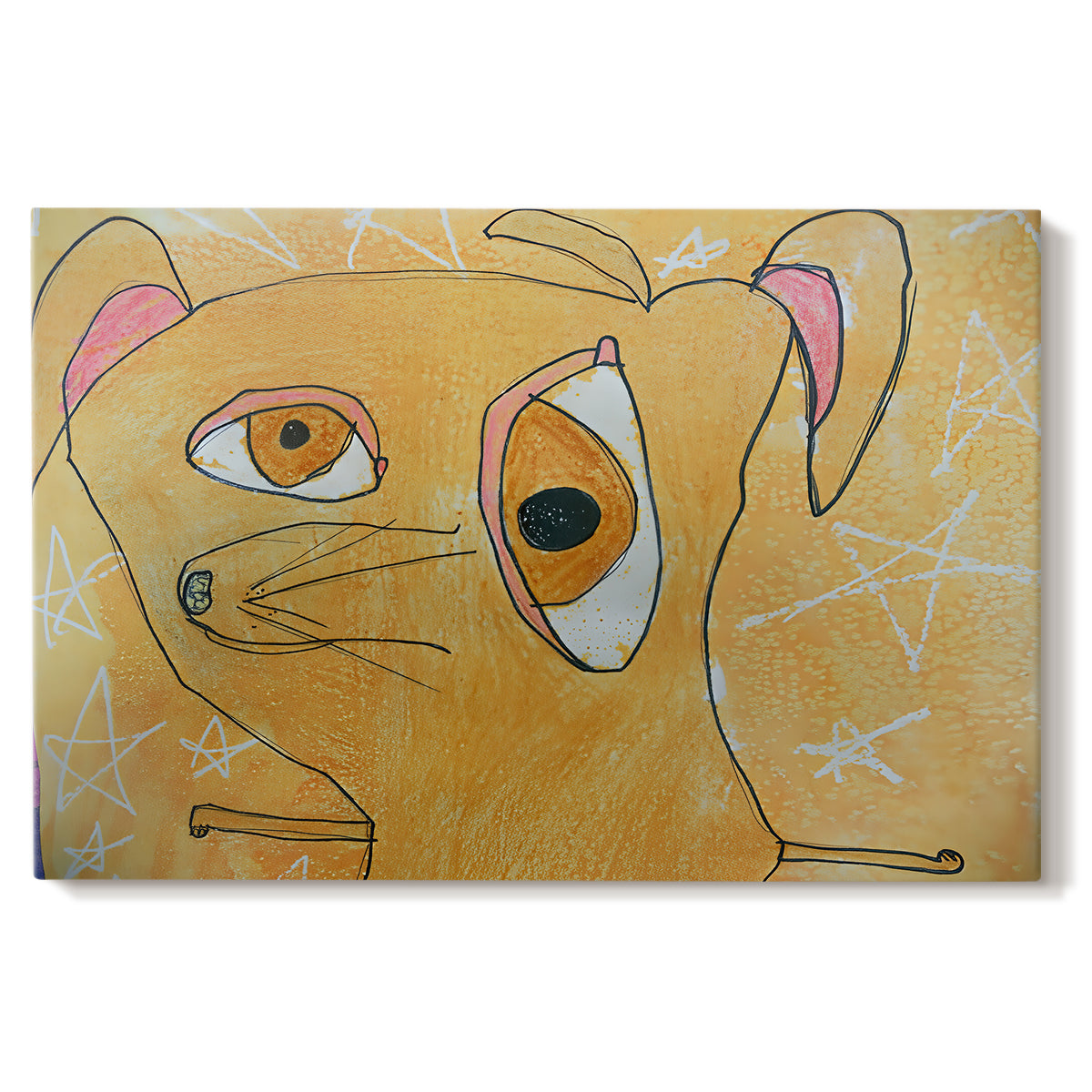 Canvas art print portraying a geometric dog composed of angular shapes with stars, set against a white background