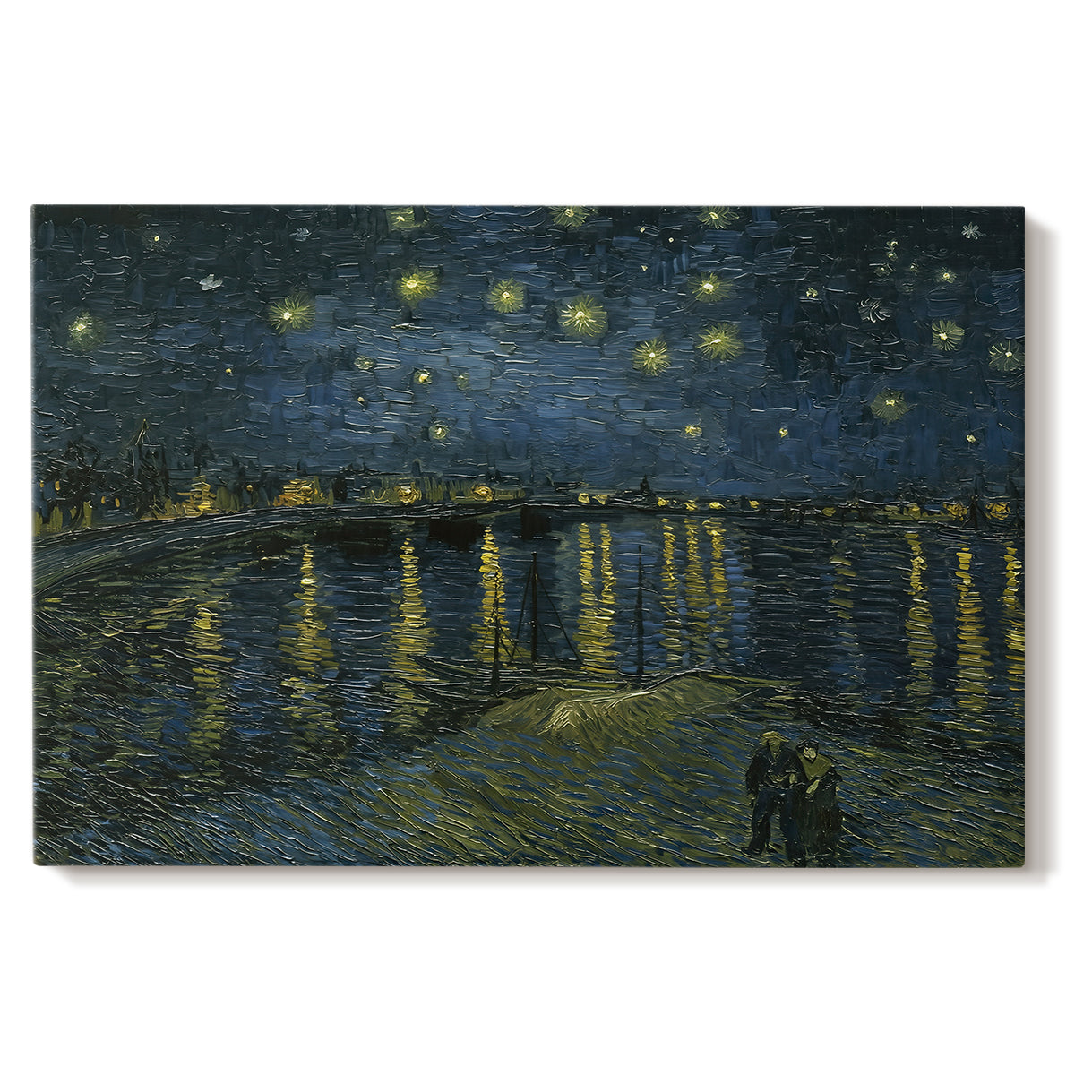 Canvas art print portraying a night river scene with reflections of lights and stars across water, set against a white background
