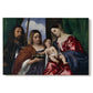 Canvas art print portraying a Madonna and child seated with two saints standing in dark interior setting, set against a white background