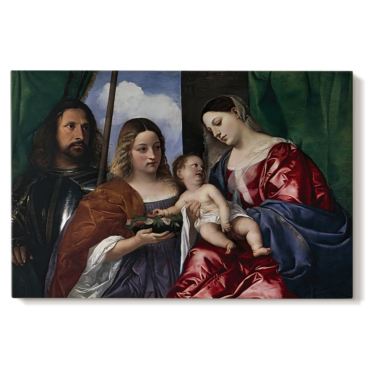 Canvas art print portraying a Madonna and child seated with two saints standing in dark interior setting, set against a white background