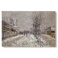 Canvas art print portraying a snow-covered street lined with trees and buildings under winter sky, set against a white background