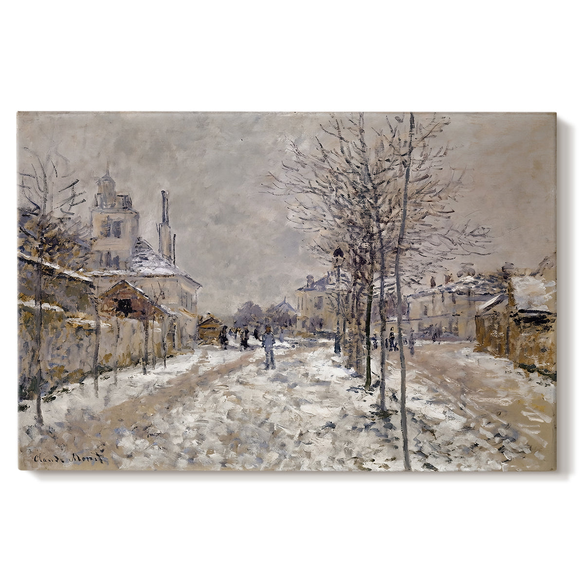 Canvas art print portraying a snow-covered street lined with trees and buildings under winter sky, set against a white background
