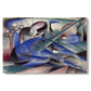 Canvas art print portraying a reclining horse depicted in flowing abstract shapes and colors, set against a white background