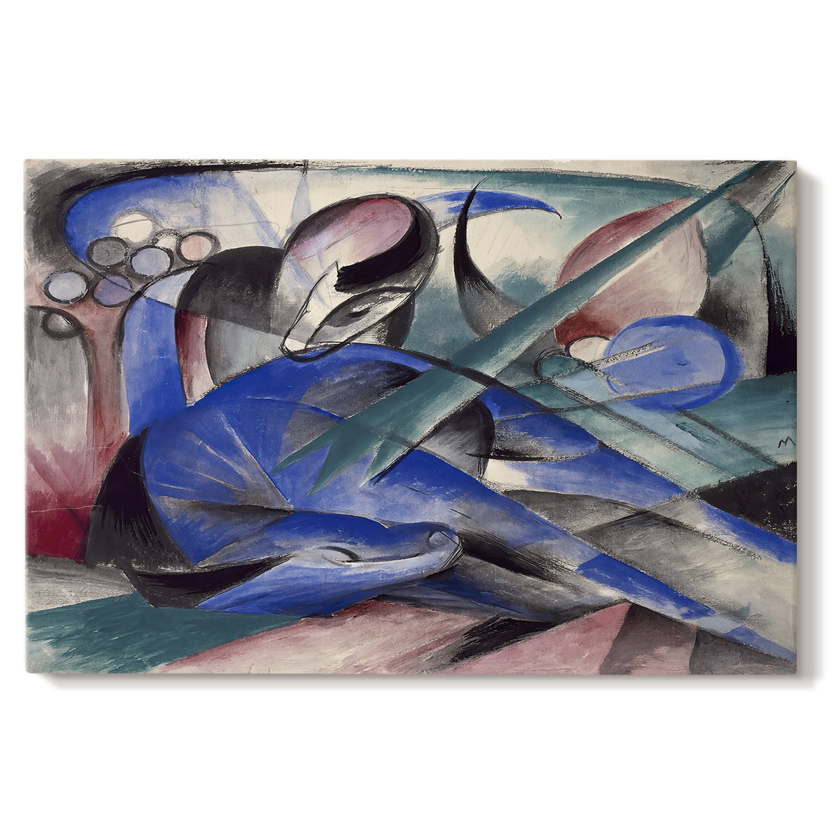Canvas art print portraying a reclining horse depicted in flowing abstract shapes and colors, set against a white background