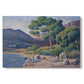 Canvas art print portraying figures bathing along shoreline in bright coastal landscape, set against a white background