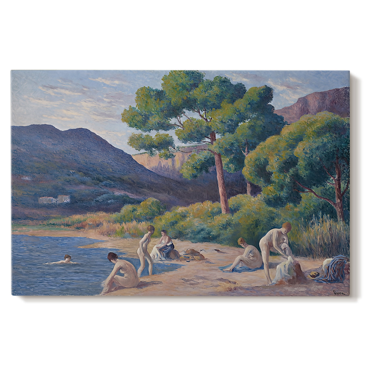 Canvas art print portraying figures bathing along shoreline in bright coastal landscape, set against a white background