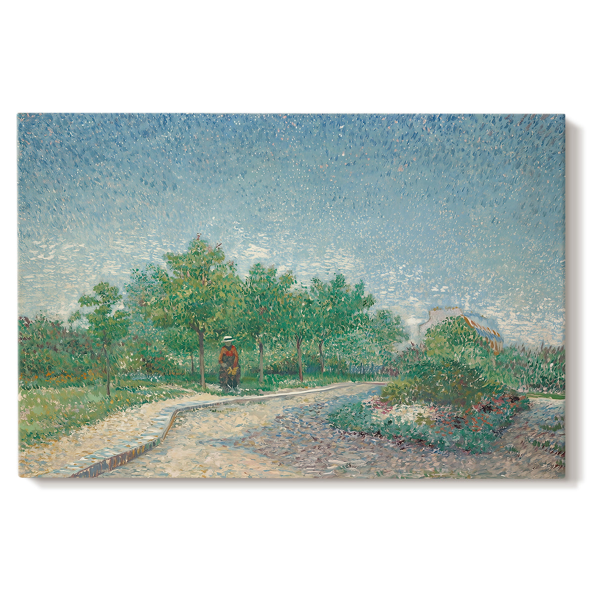Canvas art print portraying an urban park with paths, trees, and figures under open sky, set against a white background