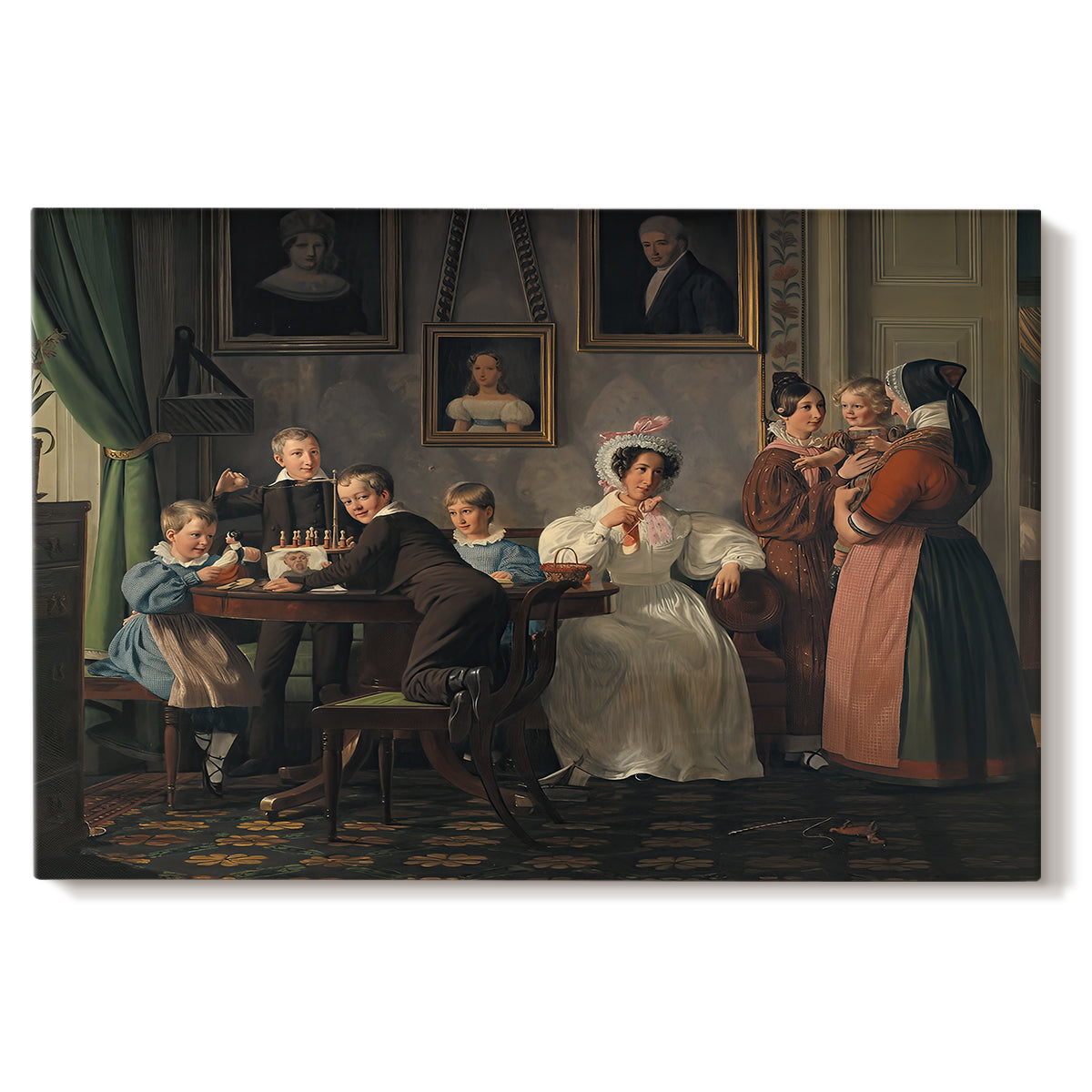 Canvas art print portraying a family group posed indoors around table with multiple figures, set against a white background