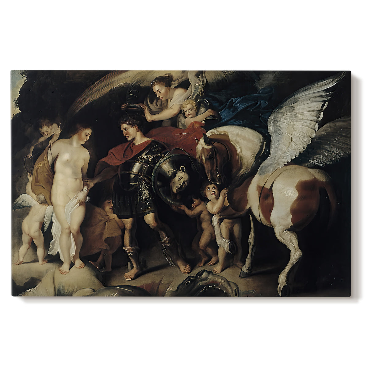 Canvas art print portraying Perseus rescuing Andromeda from chained position, set against a white background