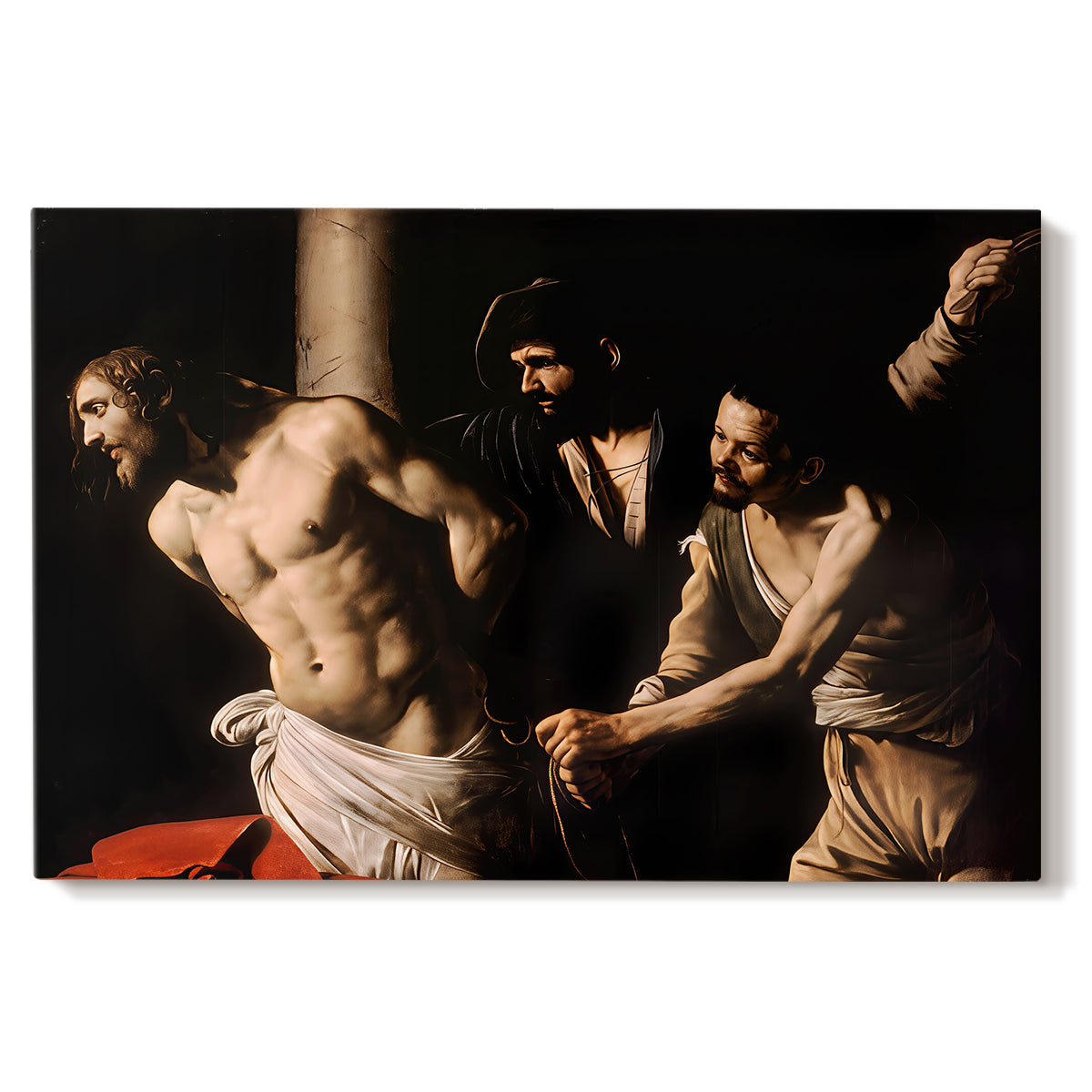 Canvas art print portraying Christ bound to column while being whipped by surrounding figures, set against a white background
