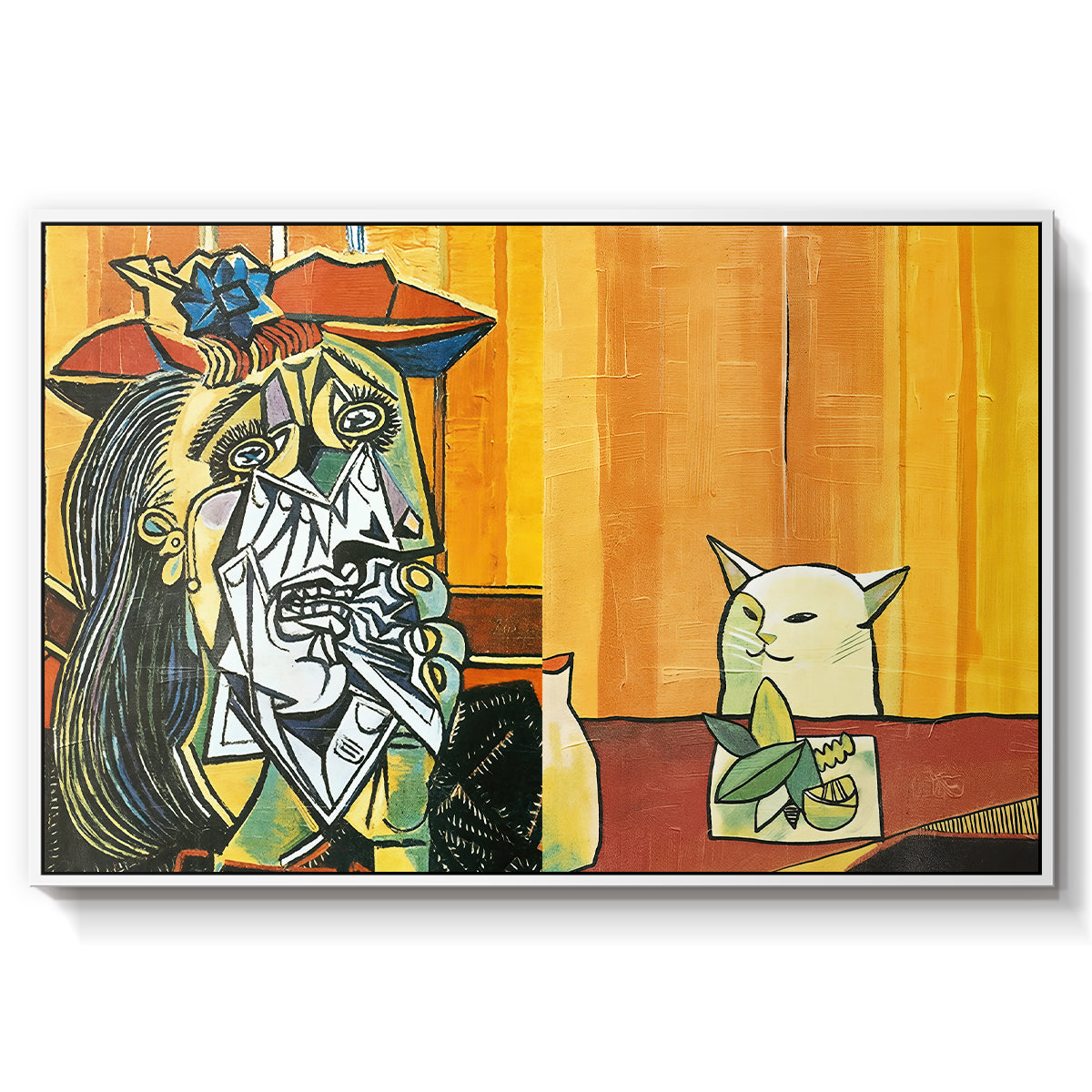 Woman Yelling at a Cat Meme (Picasso Parody) - Floater Framed Canvas Print