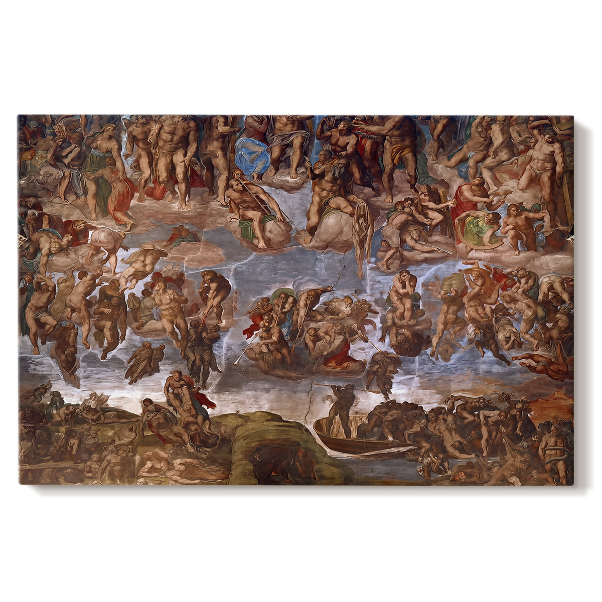 Canvas art print portraying a dense composition of human figures in dramatic judgment scene, set against a white background