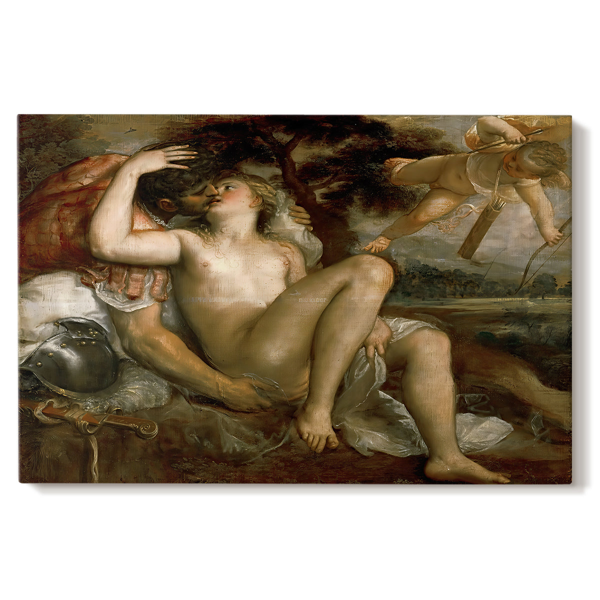 Canvas art print portraying a reclining mythological figures with Cupid in warm-toned classical setting, set against a white background