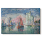 Canvas art print portraying a harbor opening with boats and structures, set against a white background