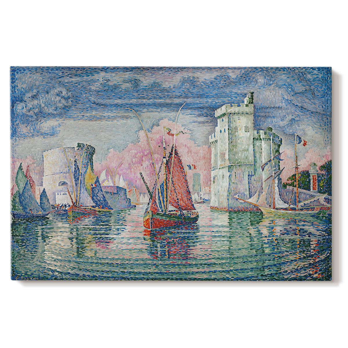 Canvas art print portraying a harbor opening with boats and structures, set against a white background