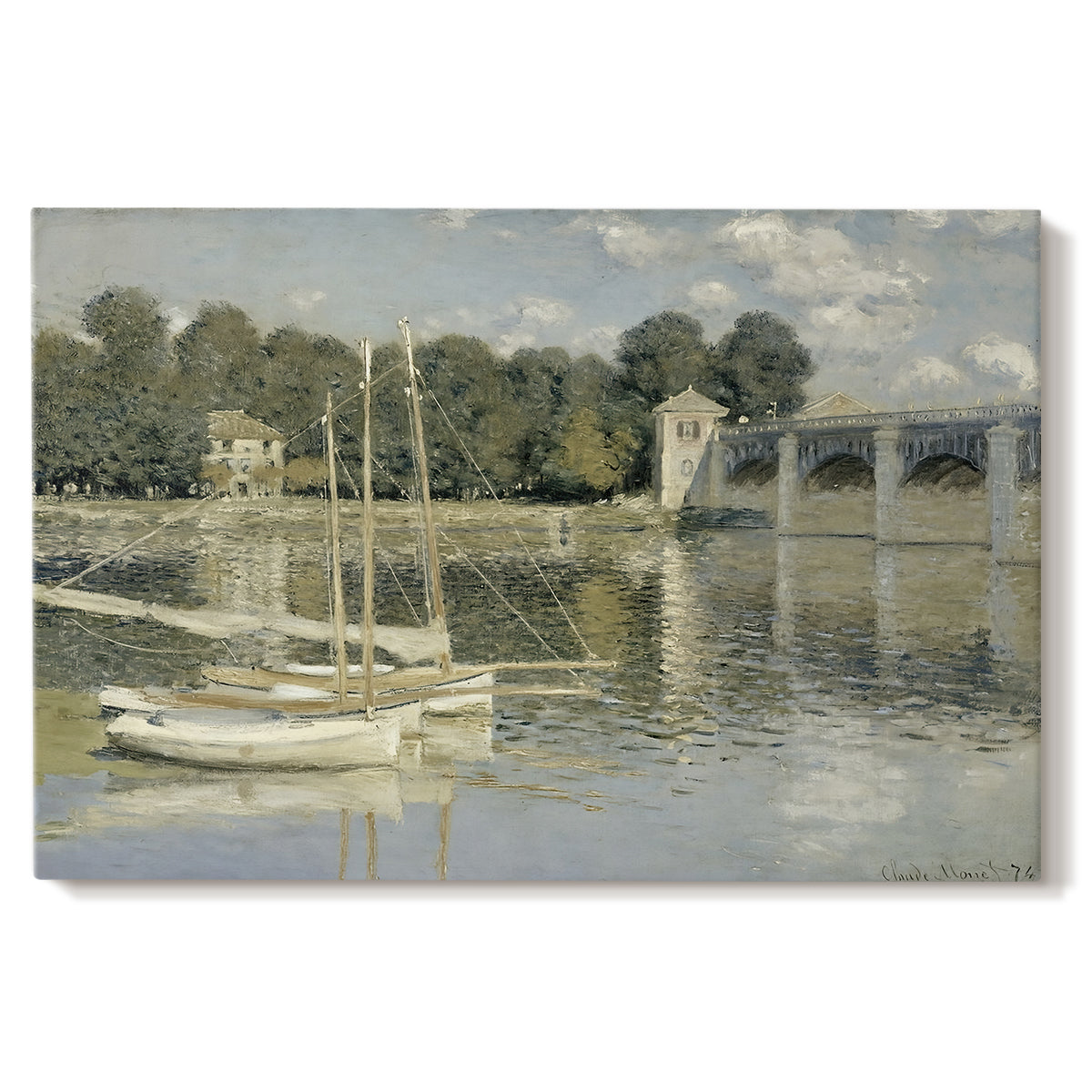 Canvas art print portraying a bridge spanning river with sailboats and reflections in water, set against a white background