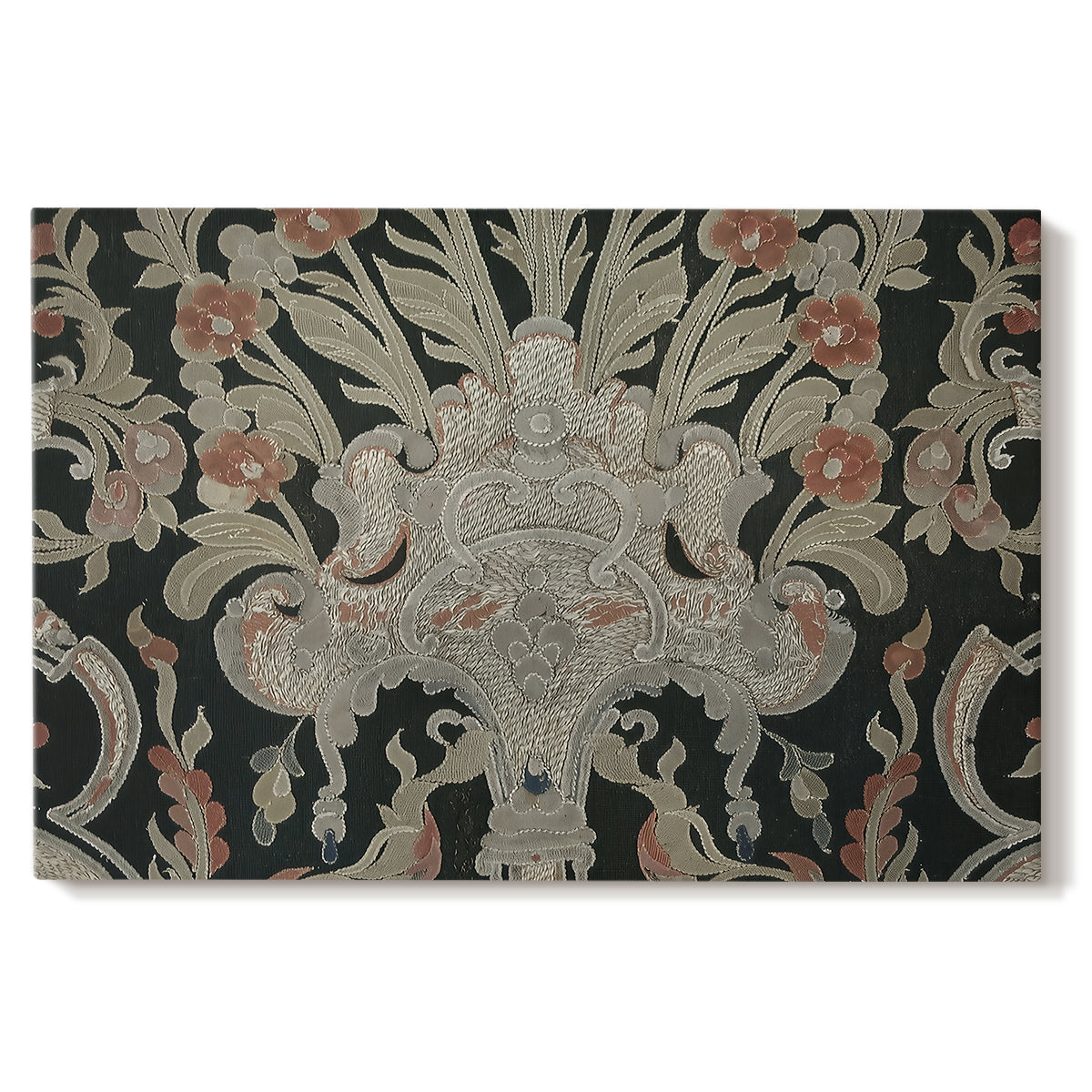 Canvas art print portraying a dense repeating pattern with animals, plants, and decorative elements across fabric, set against a white background