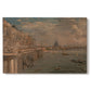 Canvas art print portraying a cityscape with riverside buildings and bridge, set against a white background