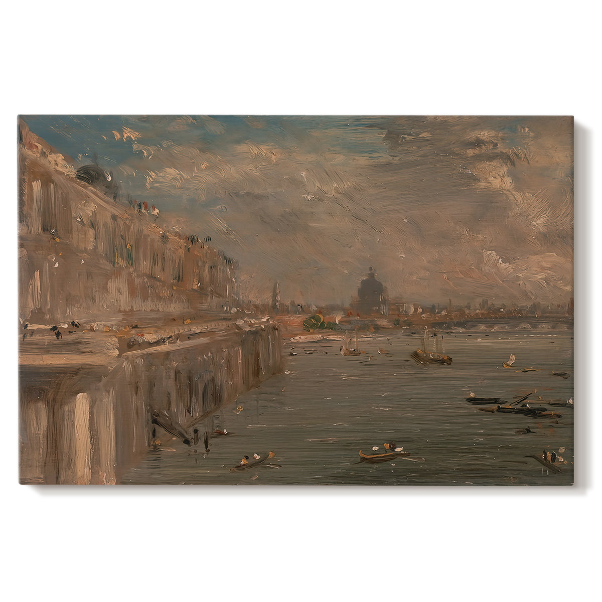 Canvas art print portraying a cityscape with riverside buildings and bridge, set against a white background