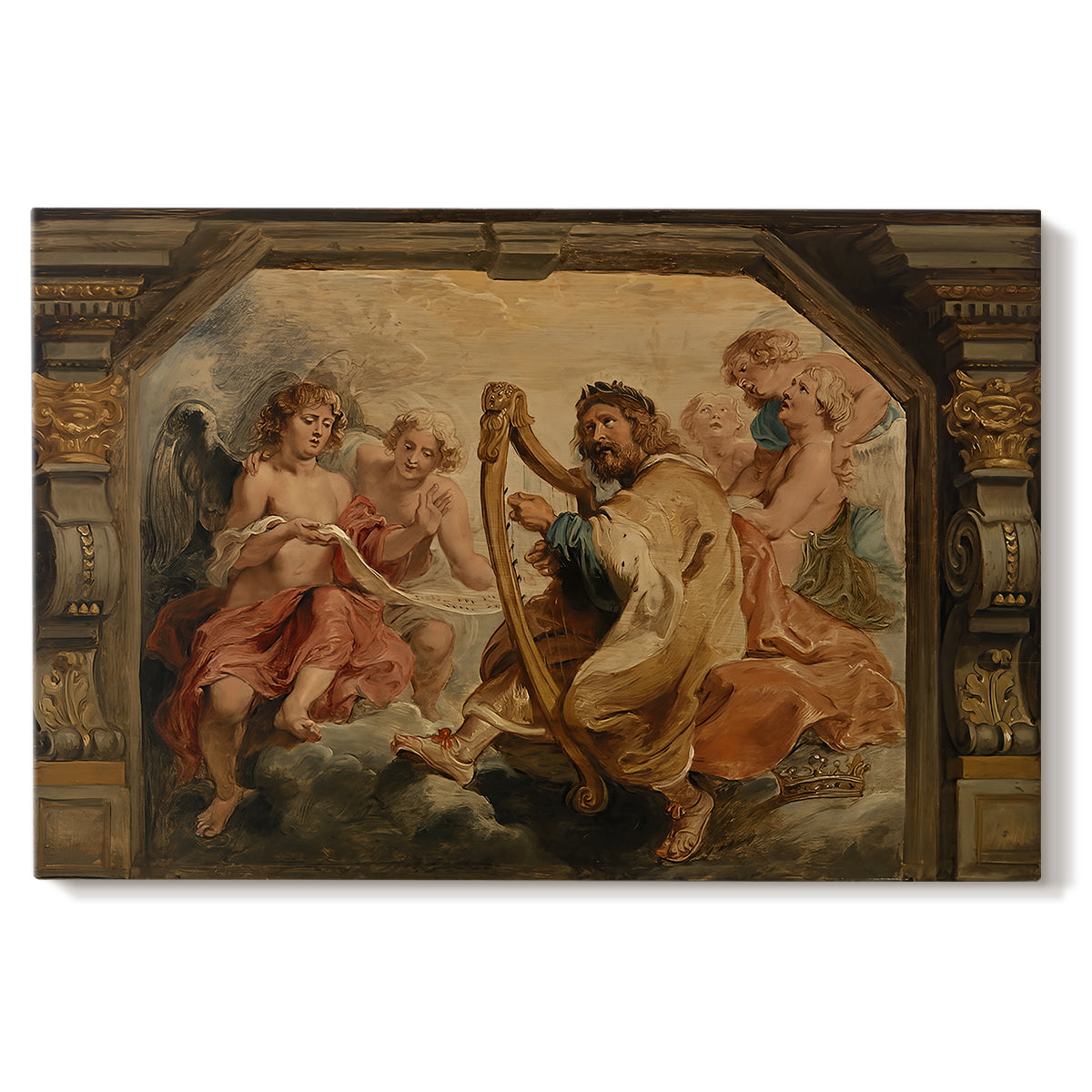 Canvas art print portraying a seated figure playing harp with attendants, set against a white background