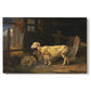 Canvas art print portraying a group of sheep gathered inside dimly lit stable interior, set against a white background