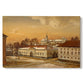 Canvas art print portraying a historic castle courtyard with riders and buildings in structured setting, set against a white background