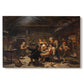 Canvas art print portraying villagers welcoming returning bear hunter surrounded by people in rustic interior, set against a white background