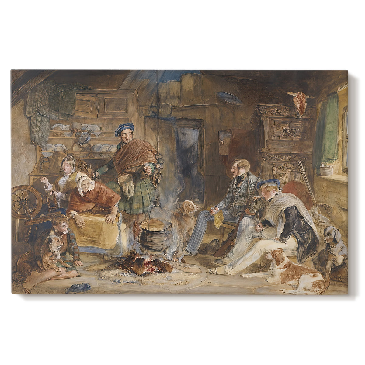 Canvas art print portraying a group of figures gathered indoors sharing food in rustic setting, set against a white background