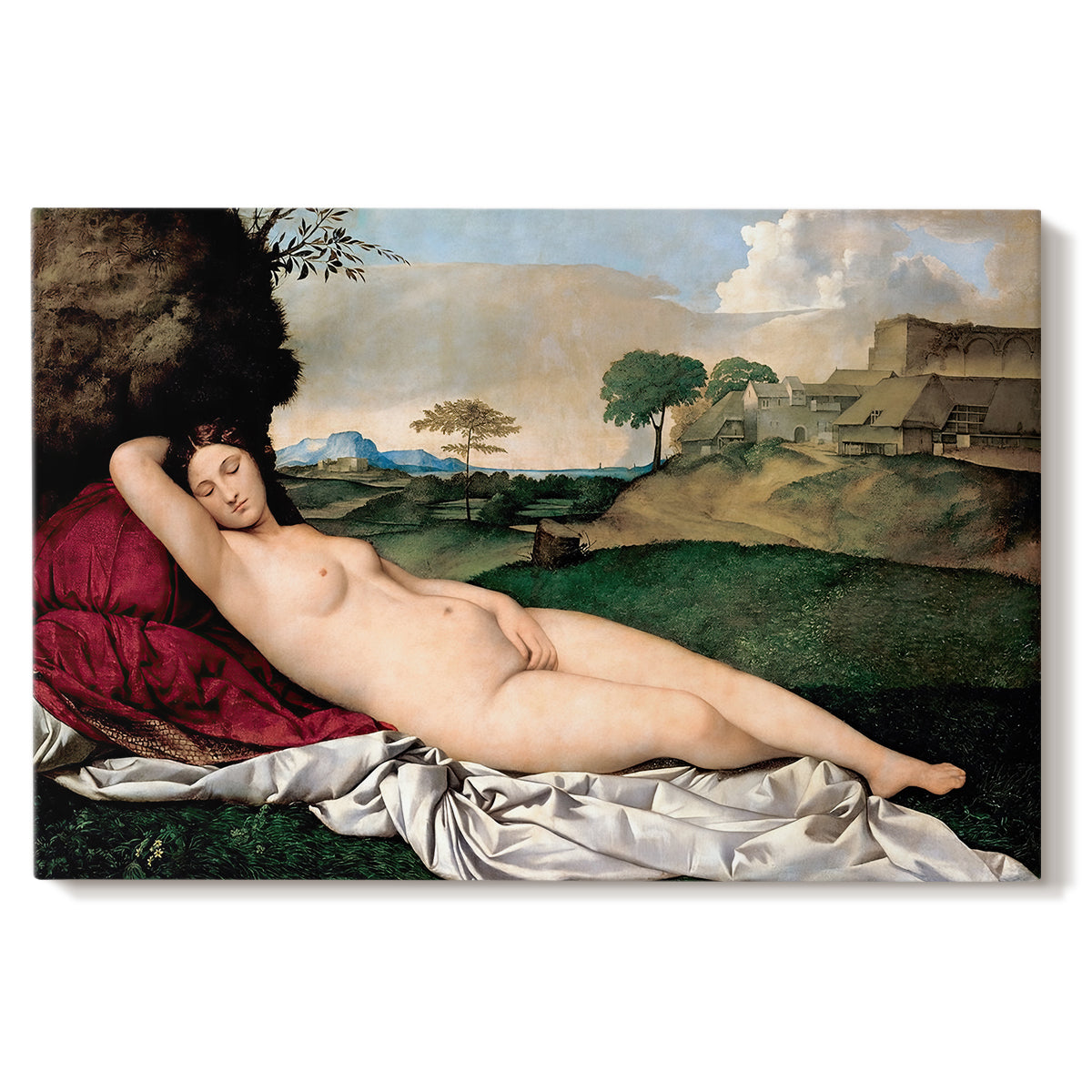Canvas art print portraying a nude woman reclining asleep in open landscape with soft hills behind, set against a white background