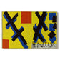 Canvas art print portraying an abstract graphic design with bold shapes and color blocks arranged symmetrically, set against a white background